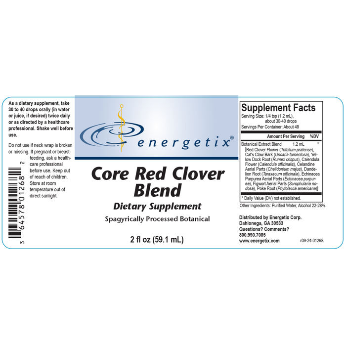 Core Red Clover Blend is a spagyrically processed, comprehensive botanical blend of red clover flower (Trifolium pratense), cat’s claw bark, yellow dock, echinacea, and other complementary herbs that help maintain normal immune health, lymphatic function, red blood cell production, and healthy fatty tissues.