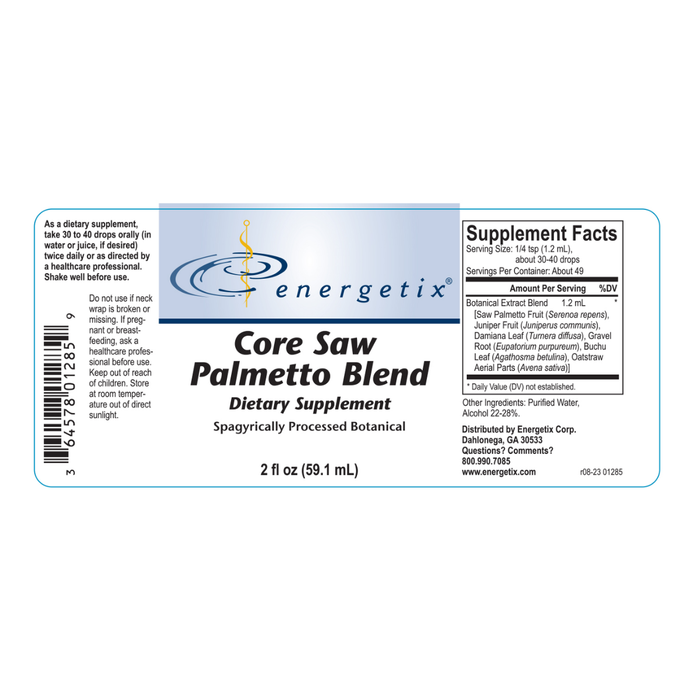 Core Saw Palmetto Blend is a spagyrically processed botanical blend of Serenoa repens (saw palmetto), juniper fruit, damiana leaf, and other complementary herbs to help maintain male reproductive health, prostate gland function, normal libido, and male vitality.