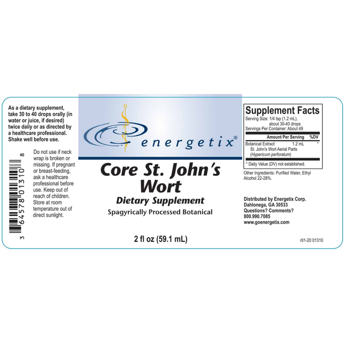Core St. John’s Wort is a spagyrically processed botanical extract of Hypericum perforatum (St. John’s Wort) that helps maintain normal neuroendocrine function, healthy serotonin levels, and mood balance.*