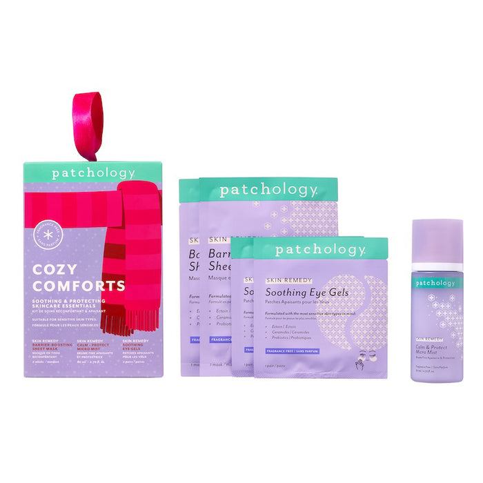 Patchology skincare products including a bottle, packets, and a pouch on a white background