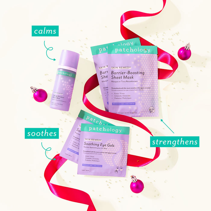 Patchology skincare products with decorative ribbons and ornaments on a light background