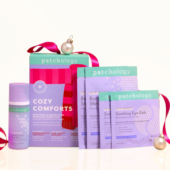 Patchology skincare products including eye gels and a bottle on a white background with decorative ribbons and ornaments.