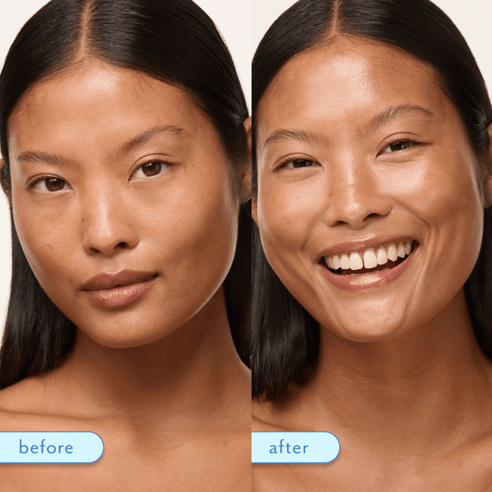 Before-and-after split comparison of a woman's face showing a skincare or makeup result. The left side labeled 'before' shows a matte, natural complexion, and the right side labeled 'after' shows a brighter, more radiant, and evenly lit complexion.