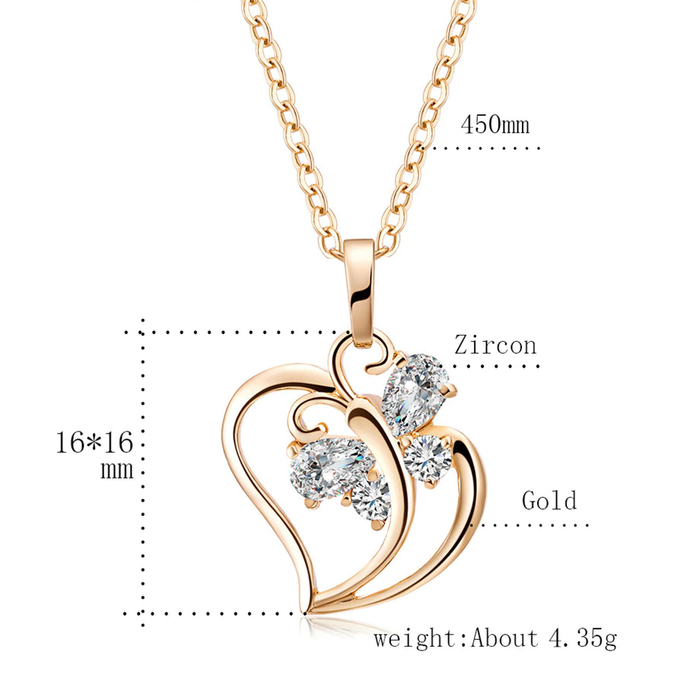 Cubic Zirconia Butterfly Heart Necklace Pendant - 18K