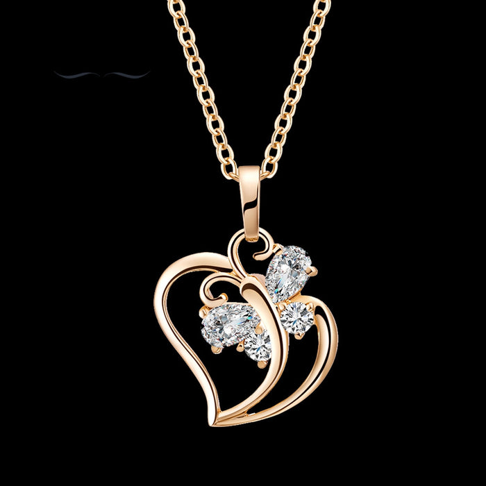 Cubic Zirconia Butterfly Heart Necklace Pendant - 18K