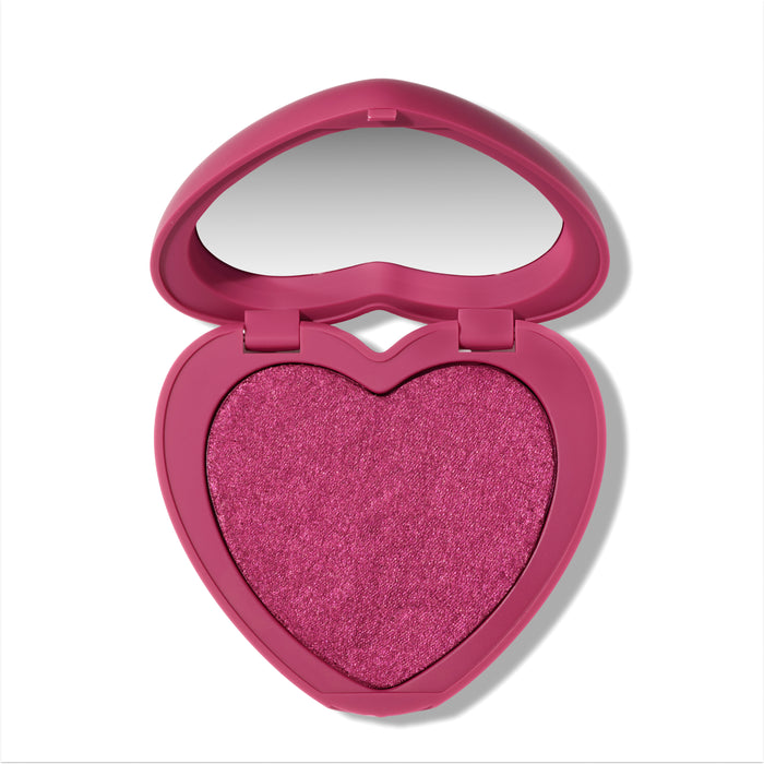 Heart to Get Cuter than Cupid Super Shock Blush compact showing a shimmery hot pink heart-shaped blush pan inside a matching heart case with mirror, styled on a clean white background for US makeup lovers