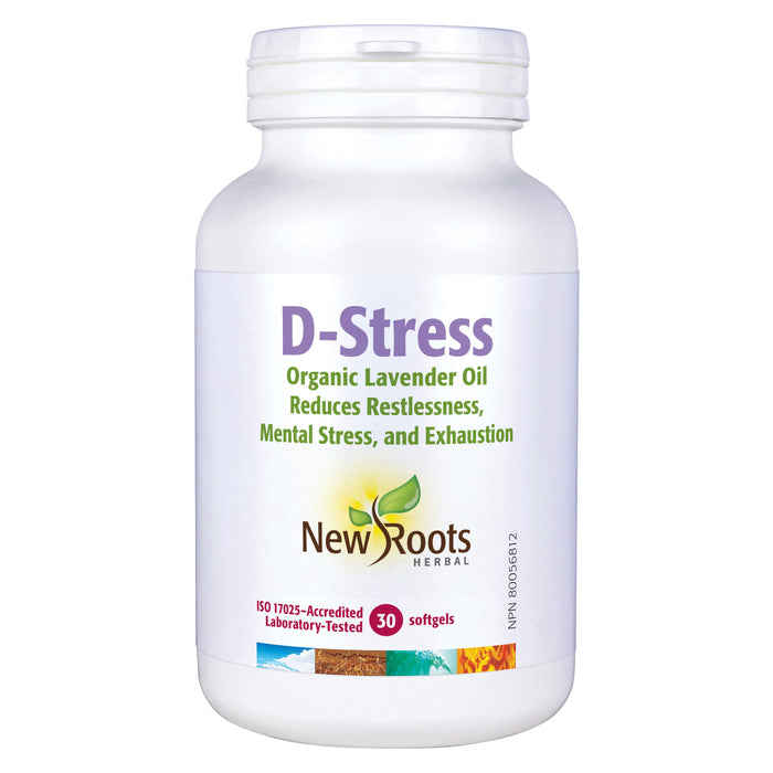 Bottle of New Roots D-Stress 30 Softgels