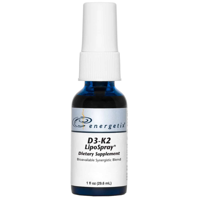 D3-K2 LipoSpray® is a synergistic blend of the prohormone vitamin D3 and the fat-soluble vitamin K2, which work together to support calcium uptake and routing as well as help maintain the integrity of the skeletal, dental, and cardiovascular systems.
