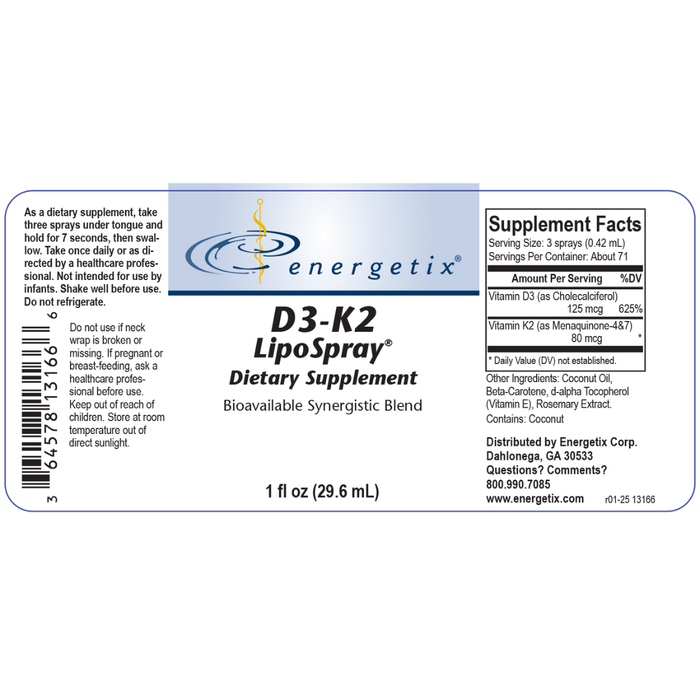 D3-K2 LipoSpray® is a synergistic blend of the prohormone vitamin D3 and the fat-soluble vitamin K2, which work together to support calcium uptake and routing as well as help maintain the integrity of the skeletal, dental, and cardiovascular systems.