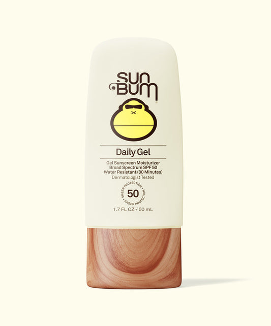 Sun Bum Daily gel sunscreen moisturizer SPF 50 in a white bottle with wood-textured cap