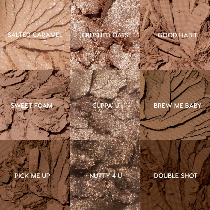 Deja Brew ColourPop Shadow Palette showcasing nine coffee-toned shades - Salted Caramel, Crushed Oats, Good Habit, Sweet Foam, Cuppa' U, Brew Me Baby, Pick Me Up, Nutty 4 U, Double Shot - crushed to reveal matte and sparkly textures in a 3x3 grid.