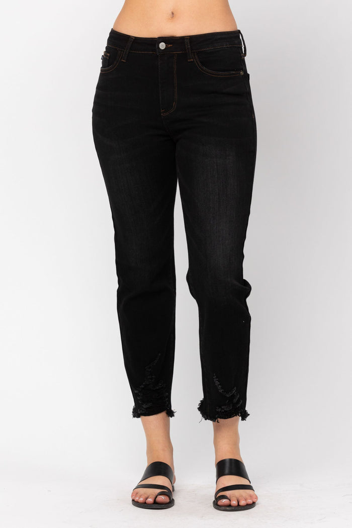 Destroyed Hem Cropped Straight Jeans