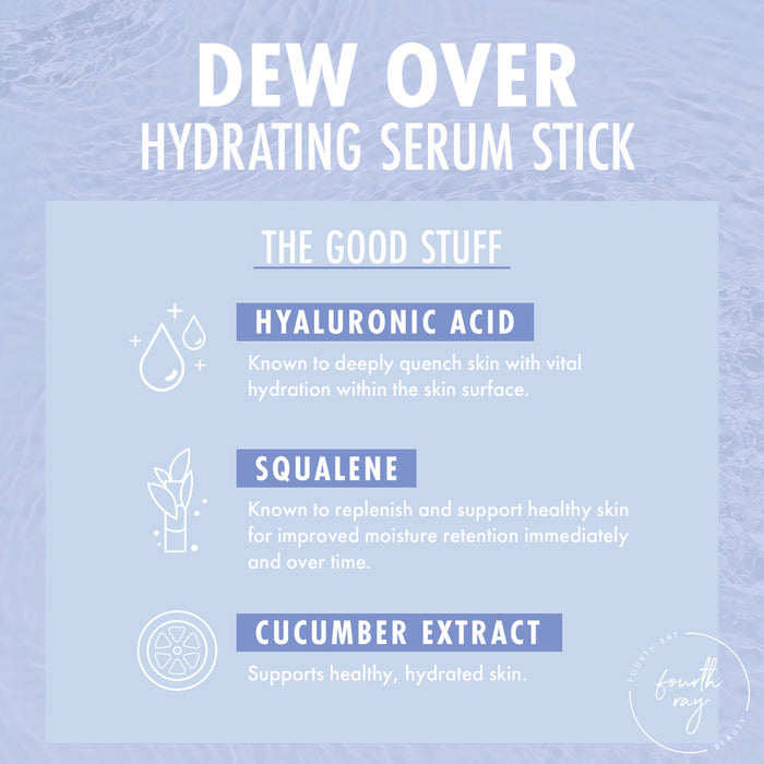 Dew Over hydrating serum stick graphic showcases key ingredients - hyaluronic acid for deep hydration, squalene to support moisture retention, and cucumber extract for healthy skin - on a pale blue water backdrop; ColourPop Serum Stick.