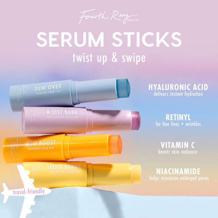 Dew Over hydrating ColourPop Serum Stick by Fourth Ray Beauty, uncapped with blue balm in a twist-up tube, stacked beside A-List Babe, Ego Boost, and Selfie Ready on a pastel backdrop; hyaluronic acid formula, travel-friendly design.