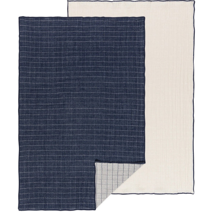 Double-weave dishtowel set of 2 in dark blue and white, textured grid weave.