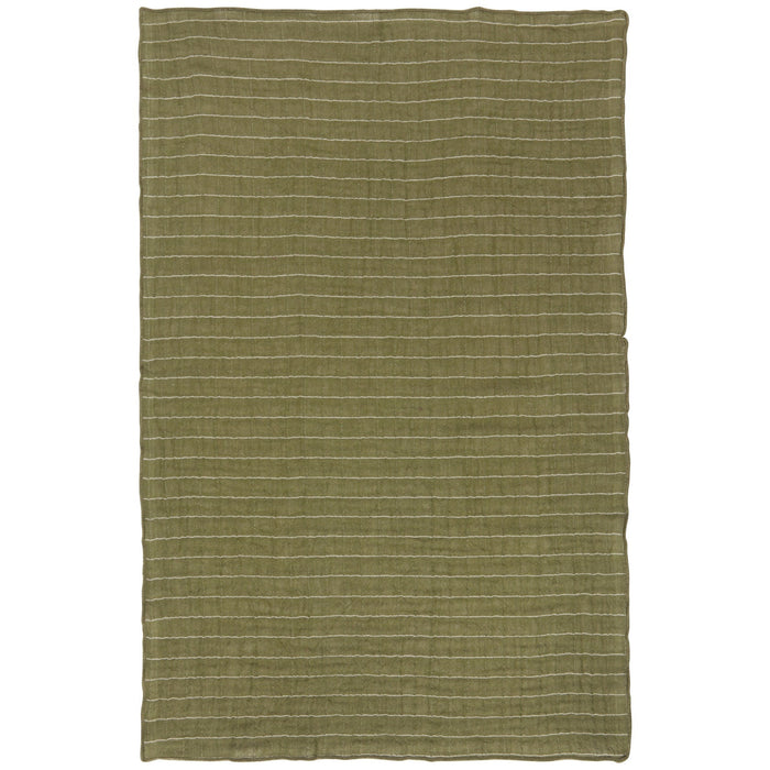 Double-weave dishtowel in olive green with fine striped texture and textured edges.