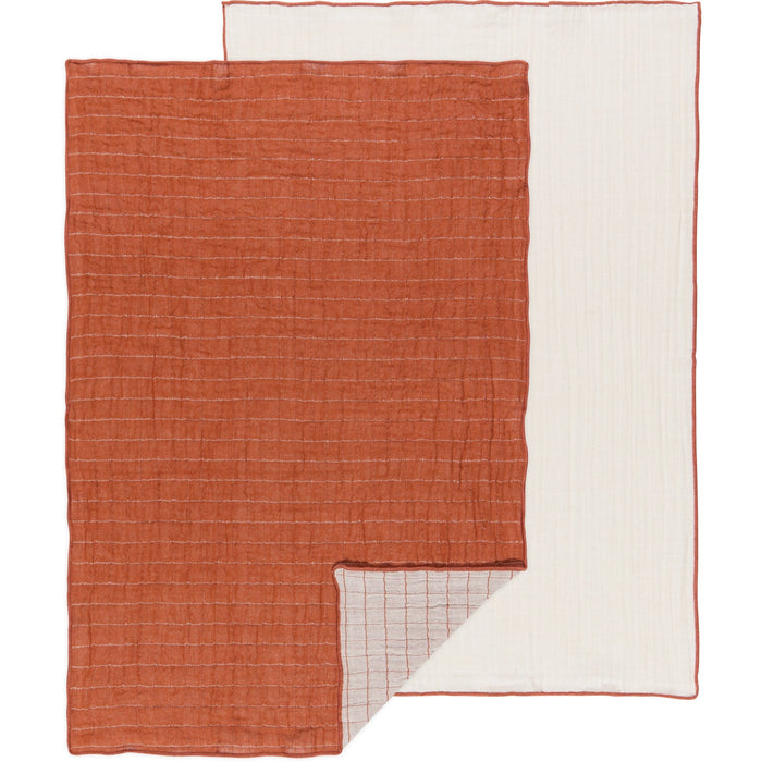 Double-weave dishtowel set of 2 in terracotta and white, fine striped weave.