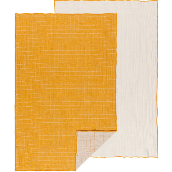 Double-weave dishtowel set of 2 in golden orange and white, textured grid weave.