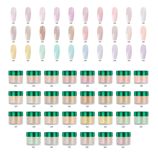 Collection of nail colors with corresponding jars on a white background