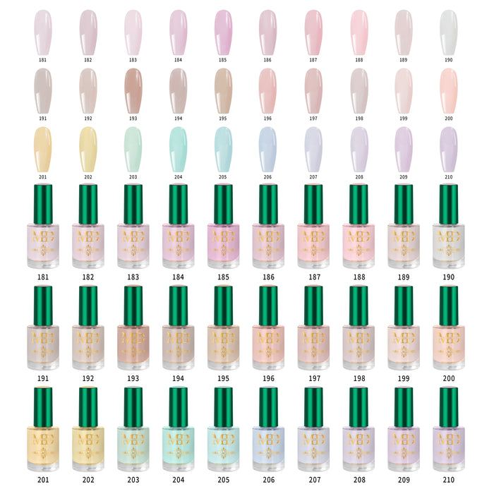Nail polish color chart with various shades of green, beige, and pink on a white background.
