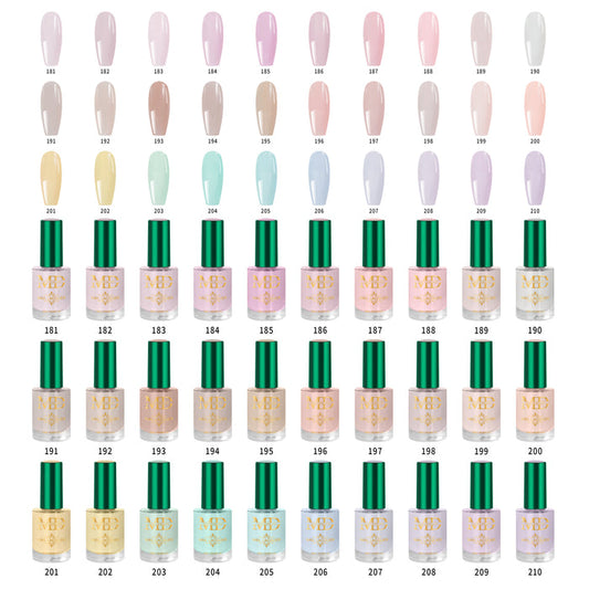 Nail polish color chart with various shades of green, beige, and pink on a white background.