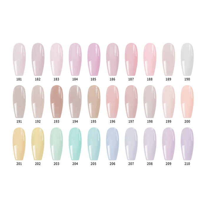 Nail color swatch chart with various pastel shades on a white background