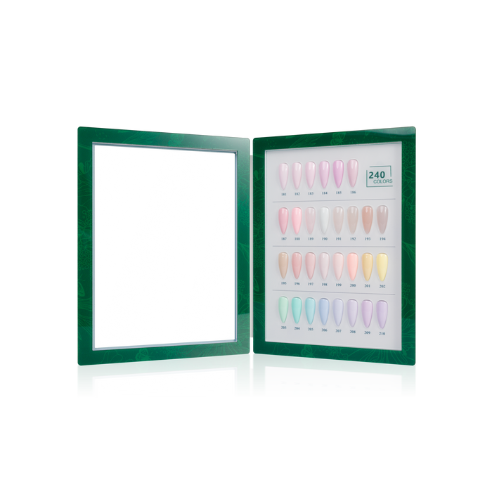 Green swatch book with nail tip color swatches on a white background