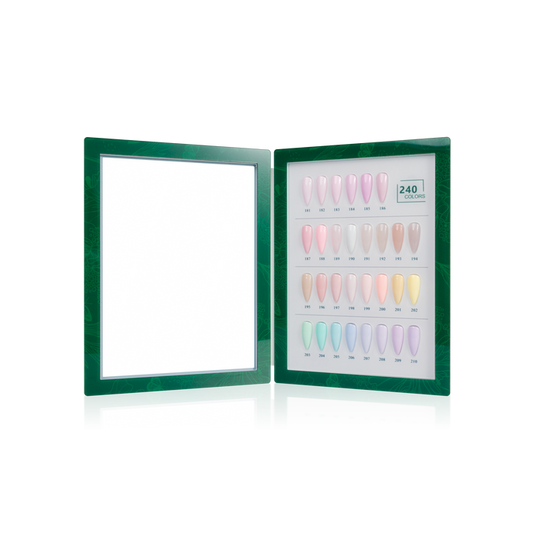 Green swatch book with nail tip color swatches on a white background