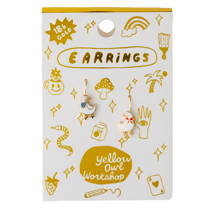 Yellow Owl Workshop duck earrings with colorful, whimsical design featuring playful duck shapes on silver hooks.