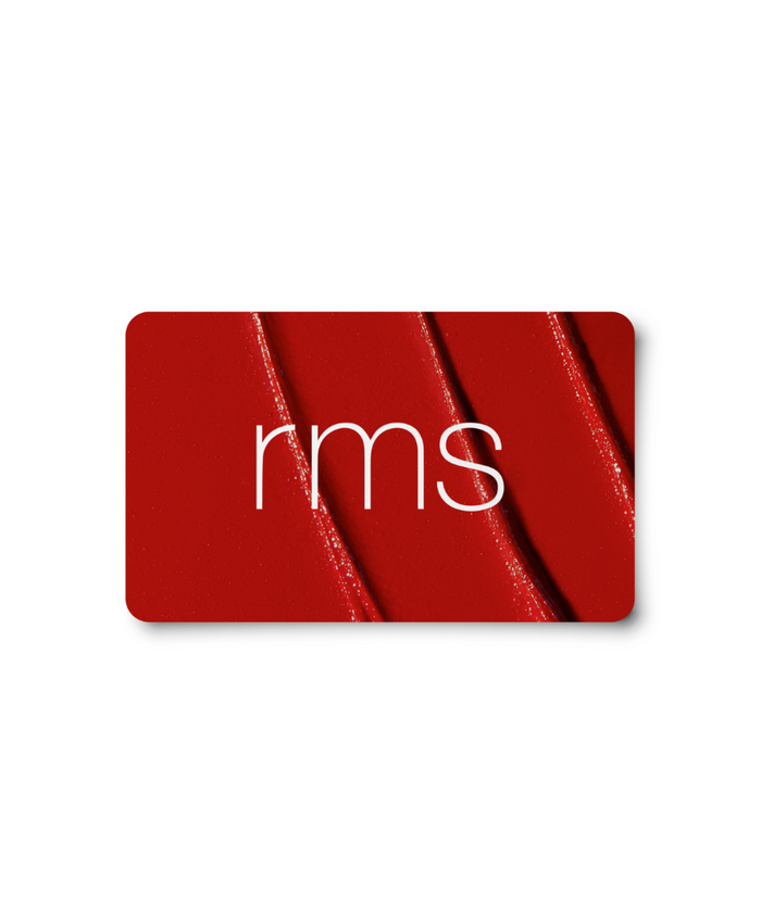 E-Gift Card featuring a sleek red textured background with the white rms logo, designed for clean beauty and sustainable packaging enthusiasts.