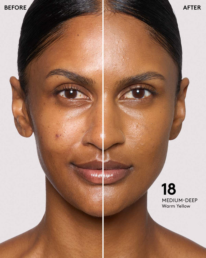 Before and After shot of Eaze Drop Skin Tint on medium deep skin tone model.