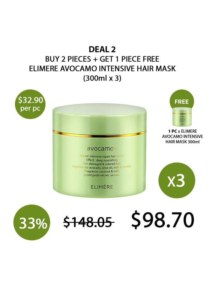 Promotional offer for Elimère Avocamo Intensive Hair Mask with pricing and quantity details.