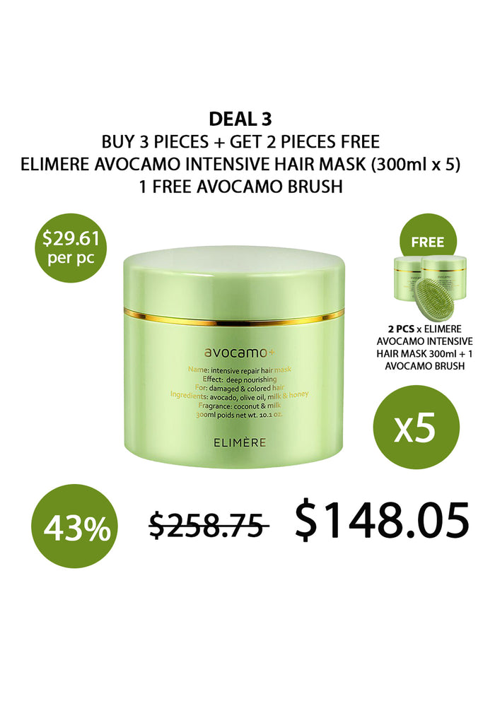 Elimer Avocamo Intensive Hair Mask with promotional text and pricing on a white background