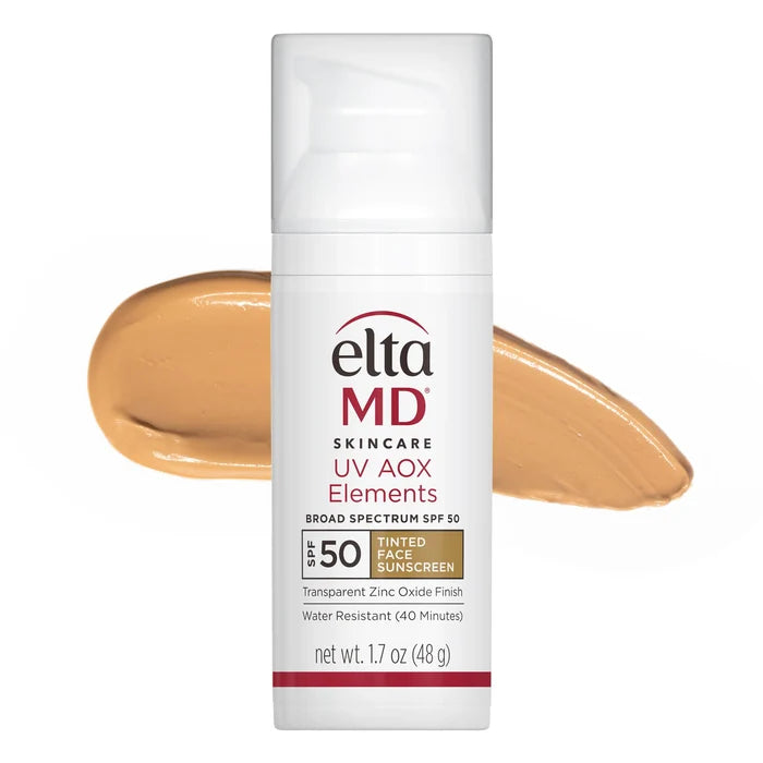 EltaMD UV AOX Elements tinted face sunscreen SPF 50 bottle with beige swatch