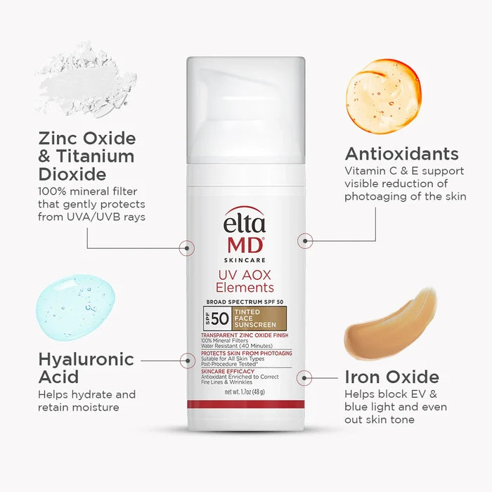 EltaMD UV AOX Elements SPF 50 tinted face sunscreen bottle with mineral and antioxidant callouts