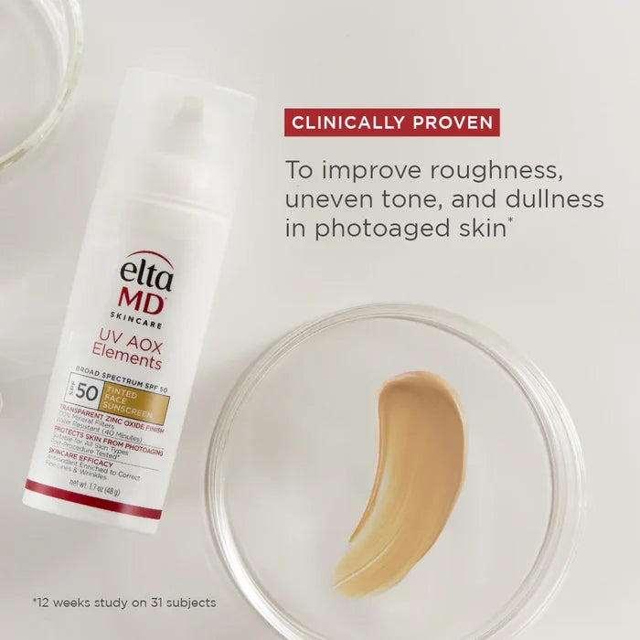 EltaMD UV AOX Elements SPF 50 tinted face sunscreen with clinical claims and beige swatch