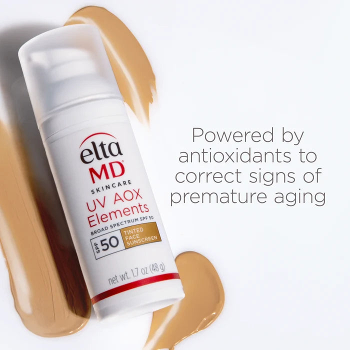 EltaMD UV AOX Elements tinted face sunscreen SPF 50 bottle with antioxidant text