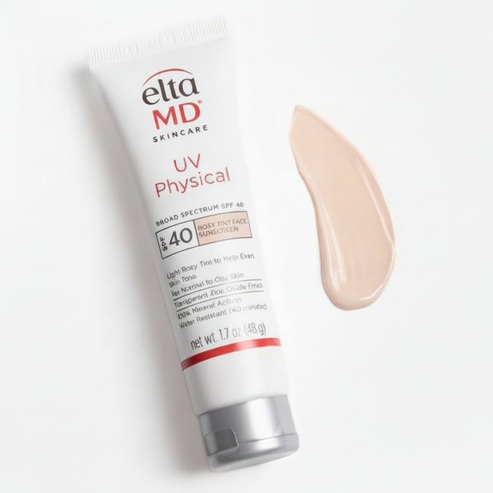 EltaMD UV Physical Broad-Spectrum SPF 40 rosy tint sunscreen tube with beige swatch
