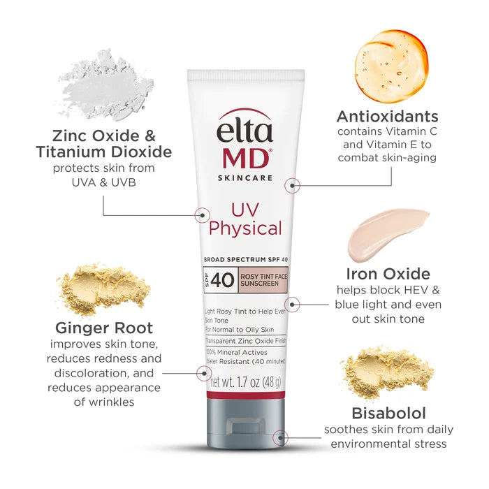 EltaMD UV Physical Broad-Spectrum SPF 40 Rosy Tint sunscreen tube with mineral actives