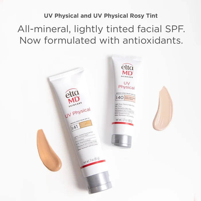 EltaMD UV Physical Rosy Tint Broad-Spectrum SPF 40 mineral sunscreen tubes with rosy tint swatches