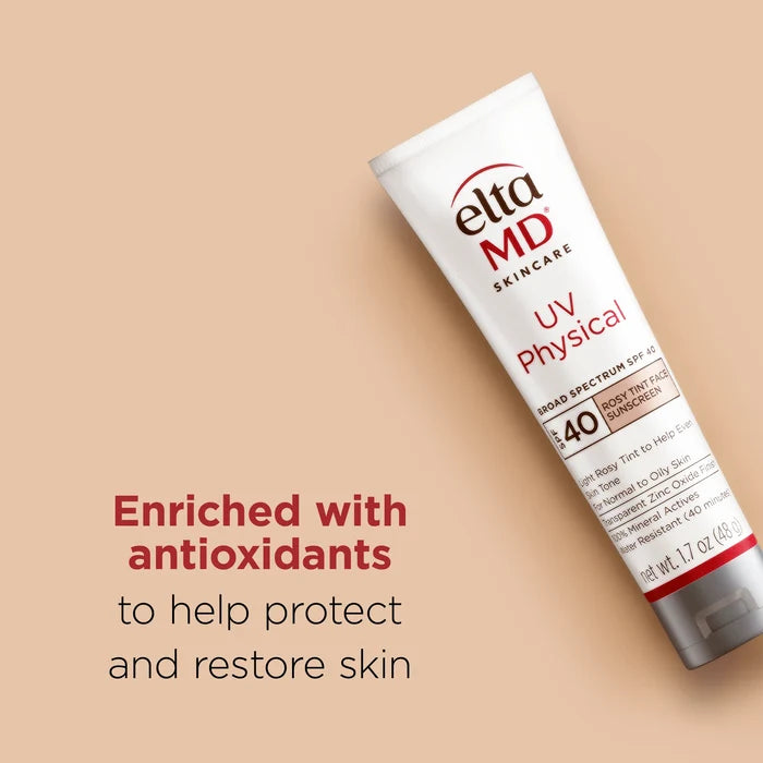 EltaMD UV Physical SPF 40 rosy tint mineral sunscreen tube with antioxidants