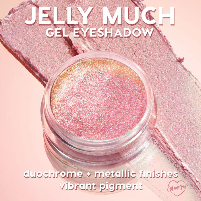 ColourPop Jelly Much Shadow Emo Inside swirls in an open jar, shimmering pink-to-gold duochrome gel catching the light, with wide swatches behind to show metallic payoff and vibrant pigment on a soft pink backdrop.