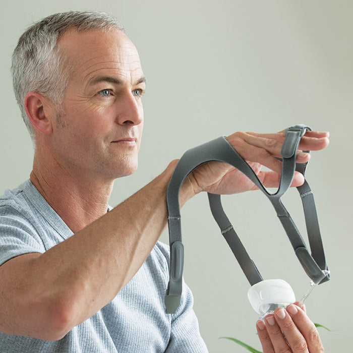 man putting on eson cpap mask headgear