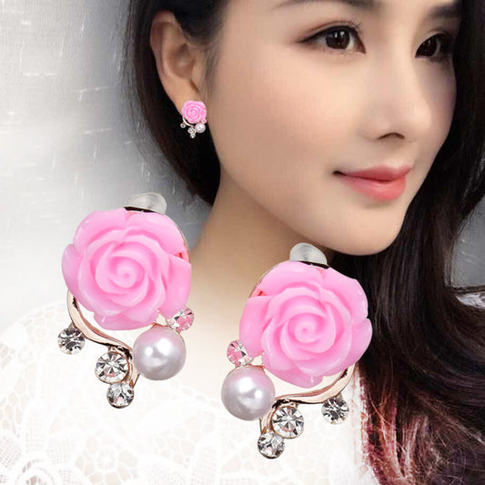 Exaggerated Rose Flower Imitation Pearl Crystal Earrings