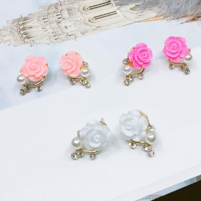 Exaggerated Rose Flower Imitation Pearl Crystal Earrings