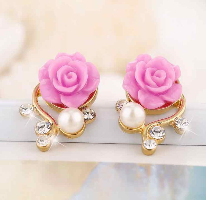 Exaggerated Rose Flower Imitation Pearl Crystal Earrings