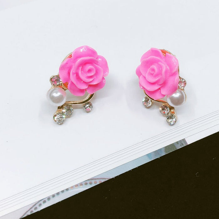 Exaggerated Rose Flower Imitation Pearl Crystal Earrings