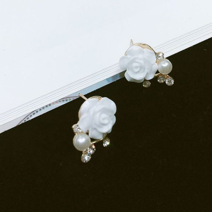 Exaggerated Rose Flower Imitation Pearl Crystal Earrings