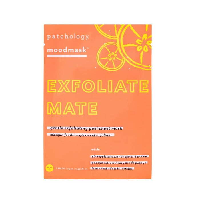 Patchology Moodmask Exfoliate Mate peel sheet mask packets in bright orange packaging for gentle exfoliation