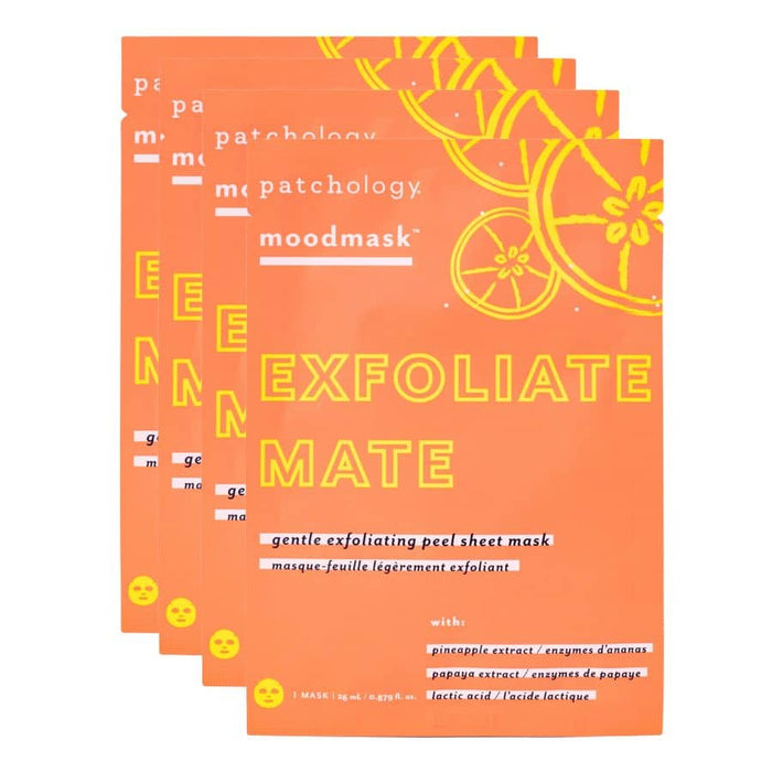 Patchology Moodmask Exfoliate Mate peel sheet mask packets in bright orange packaging for gentle exfoliation